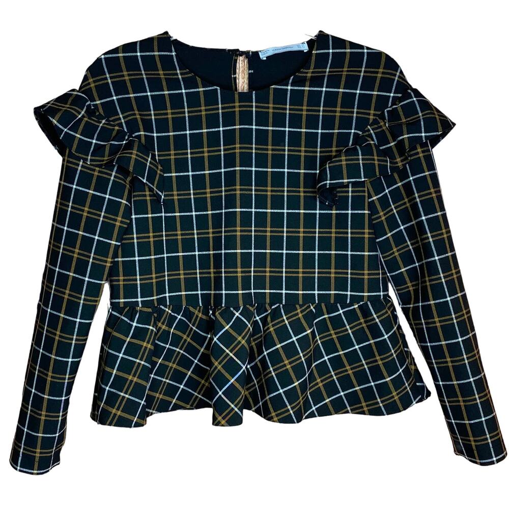 Zara Trafaluc Collection Womens Size XS Peplum Blouse Black Brown Windowpane